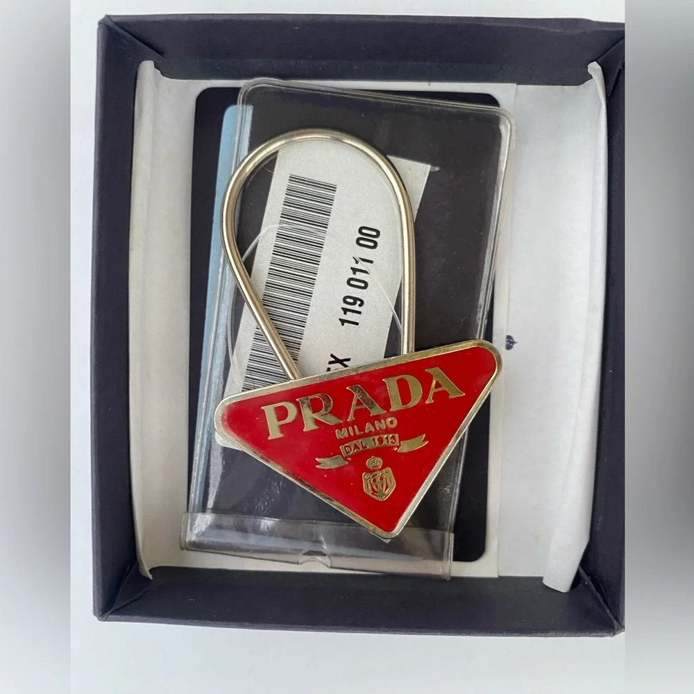 Prada Enameled Metal Key Ring in Red/Gold Triangle Unisex Key Holder